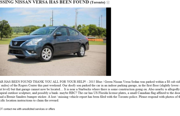 A screenshot of the Craigslist advertisement posted during the hunt for Gavin Strickland's lost Nissan Versa.