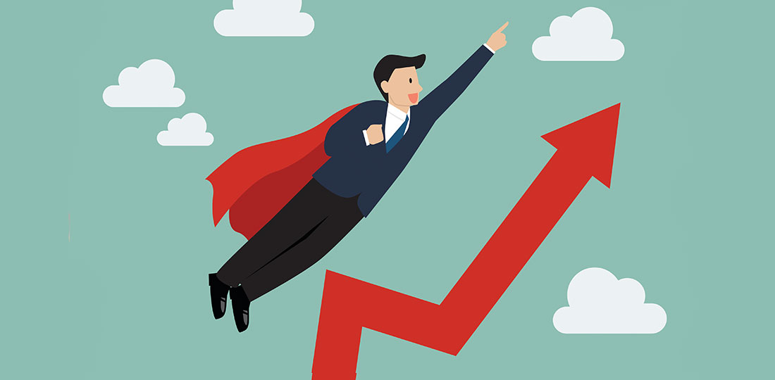 A businessman in a cape flying like Superman towards impressively high patient satisfaction scores. Illustration.