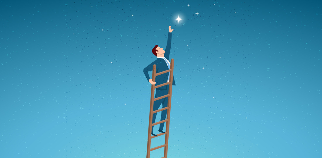 A suited businessman standing atop a tall, wooden ladder to reach for a star. Illustration.