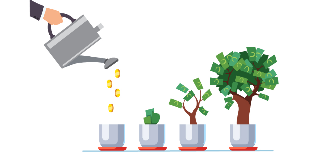 A plant is watered until it grows into a money tree. Illustration.