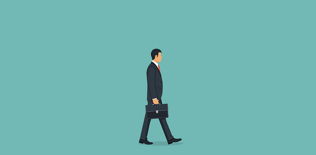 A suited businessman walking with his briefcase. Illustration.