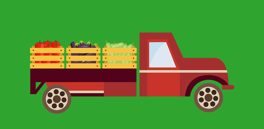 A pick-up truck carrying assorted fruits and vegetables. Illustration.